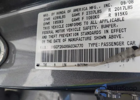 2009 Honda Accord 2.4 Lx-P from USA, damaged, VIN 1HGCP26499A034770